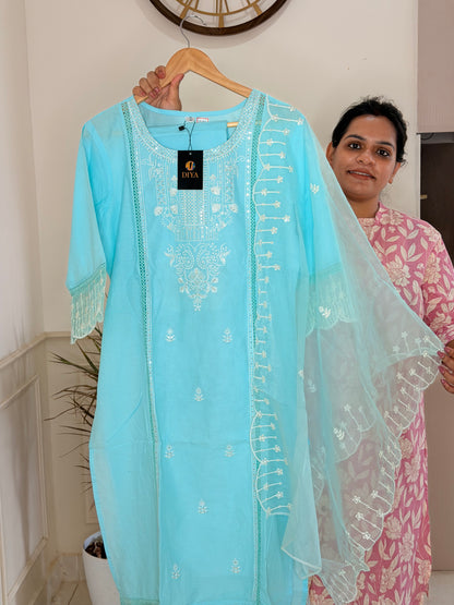 Elegant Sky Blue 3-Piece Suit Set with Intricate Embroidery