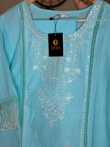 Elegant Sky Blue 3-Piece Suit Set with Intricate Embroidery