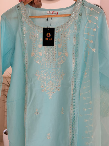 Elegant Sky Blue 3-Piece Suit Set with Intricate Embroidery
