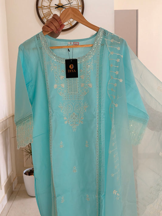 Elegant Sky Blue 3-Piece Suit Set with Intricate Embroidery