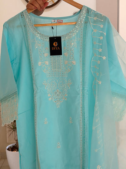 Elegant Sky Blue 3-Piece Suit Set with Intricate Embroidery