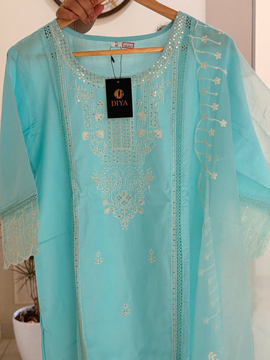 Elegant Sky Blue 3-Piece Suit Set with Intricate Embroidery