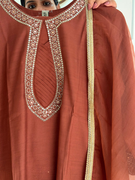 Rust Red Embroidered Women’s Kurta Set (3-Piece)