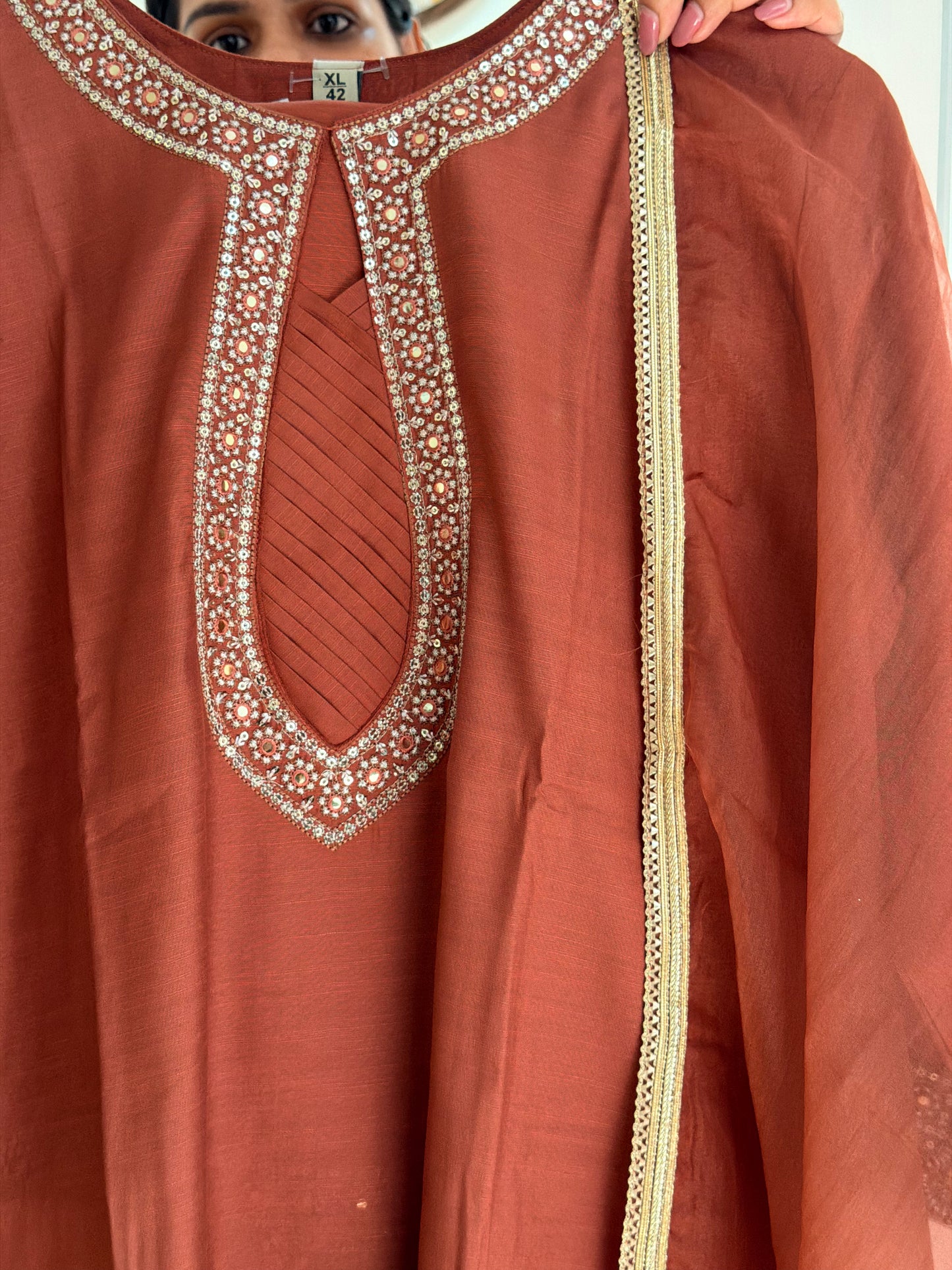 Rust Red Embroidered Women’s Kurta Set (3-Piece)