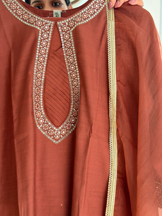 Rust Red Embroidered Women’s Kurta Set (3-Piece)