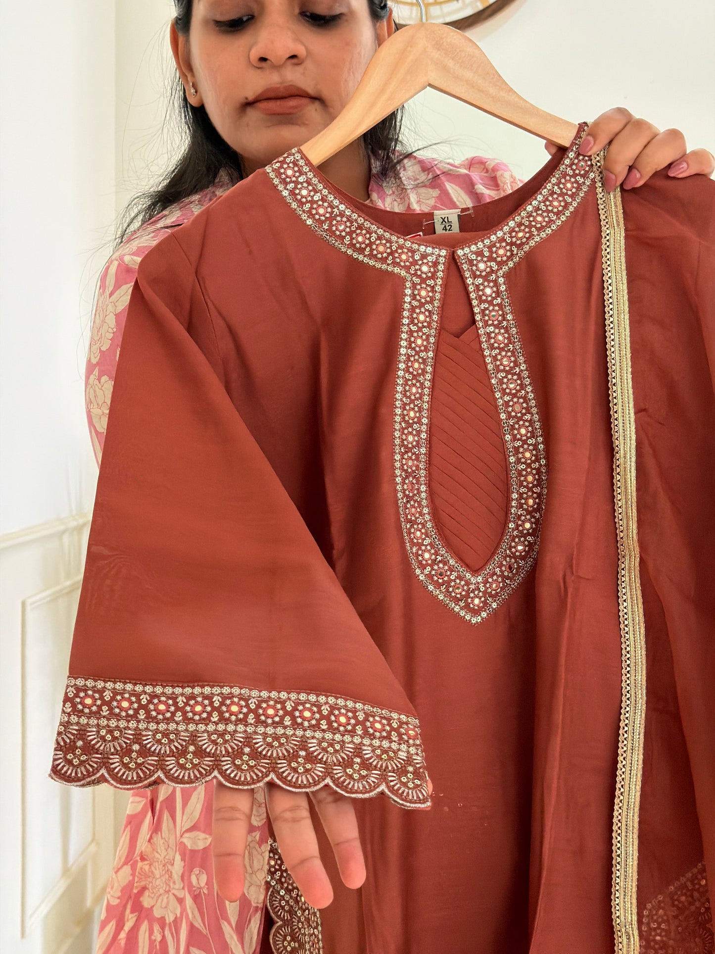 Rust Red Embroidered Women’s Kurta Set (3-Piece)
