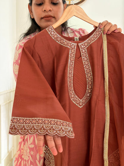 Rust Red Embroidered Women’s Kurta Set (3-Piece)