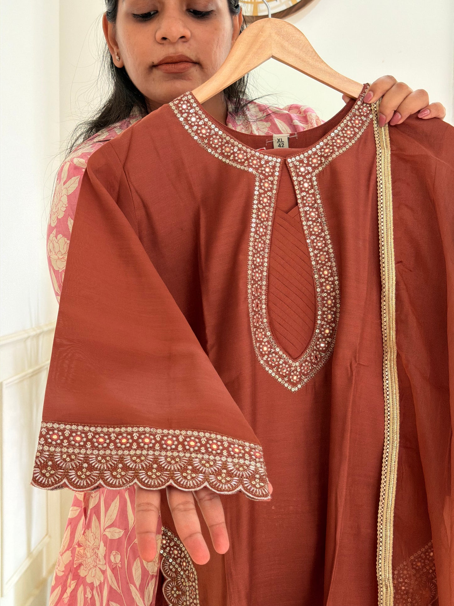 Rust Red Embroidered Women’s Kurta Set (3-Piece)