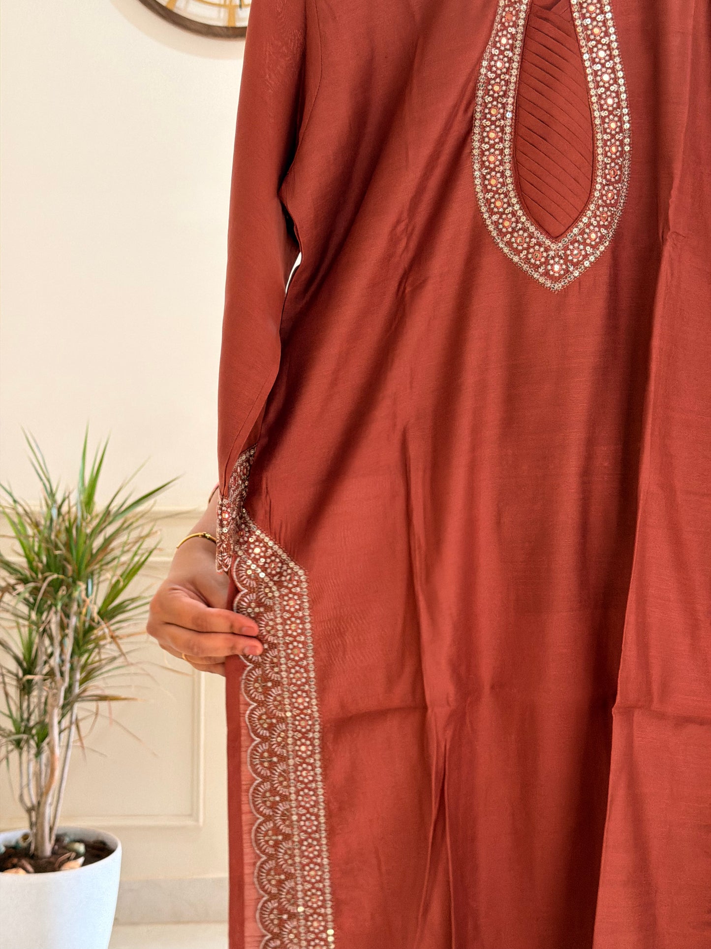 Rust Red Embroidered Women’s Kurta Set (3-Piece)