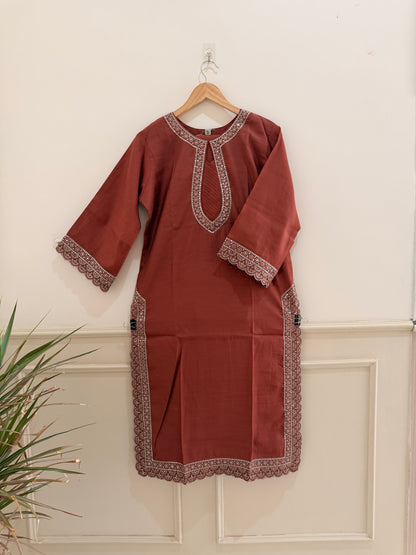 Rust Red Embroidered Women’s Kurta Set (3-Piece)