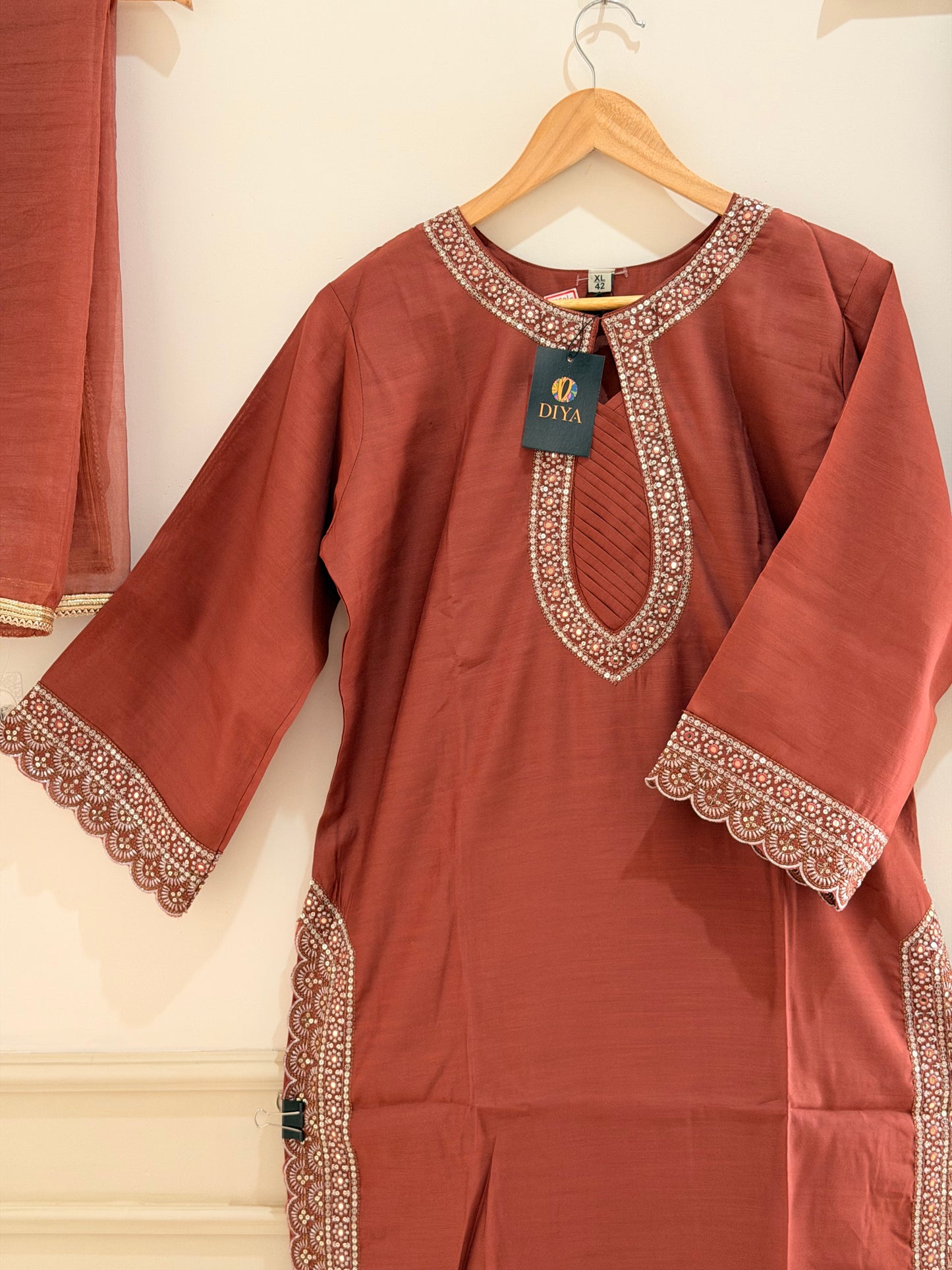 Rust Red Embroidered Women’s Kurta Set (3-Piece)