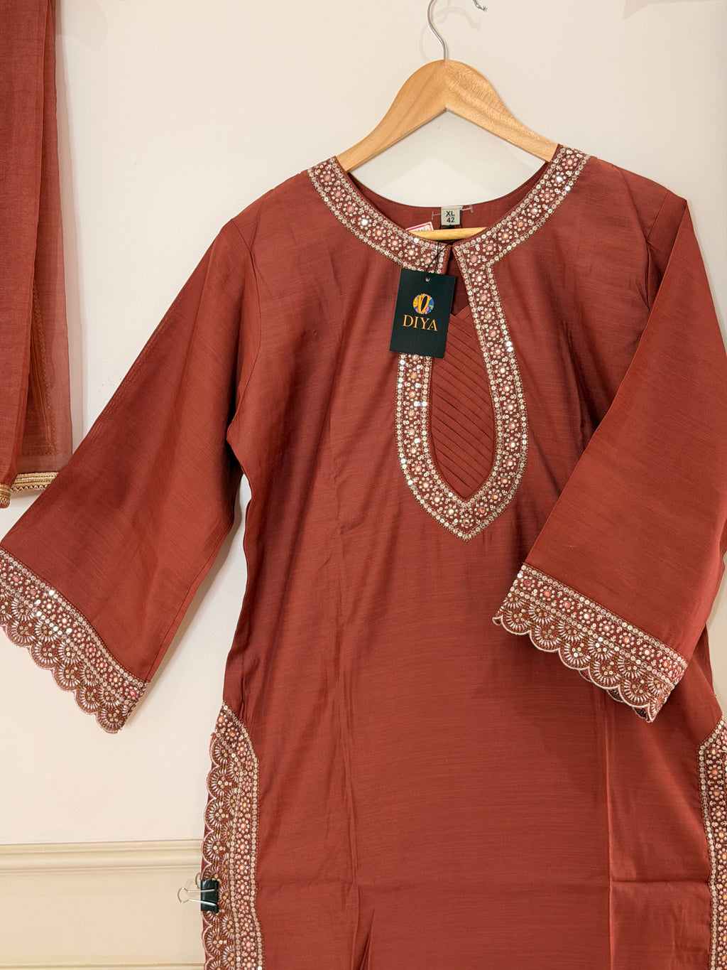 Rust Red Embroidered Women’s Kurta Set (3-Piece)