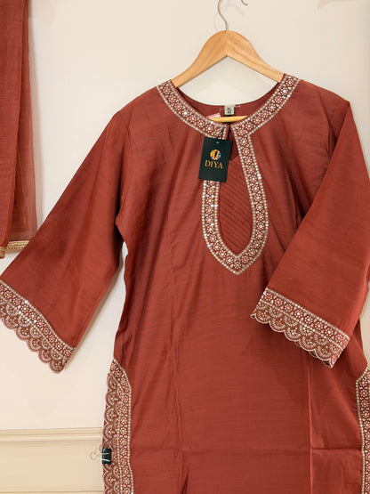 Rust Red Embroidered Women’s Kurta Set (3-Piece)