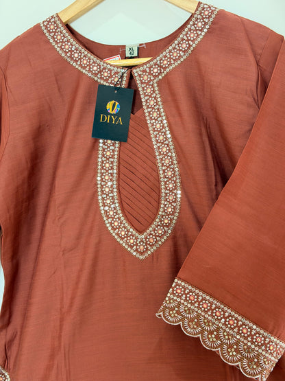 Rust Red Embroidered Women’s Kurta Set (3-Piece)