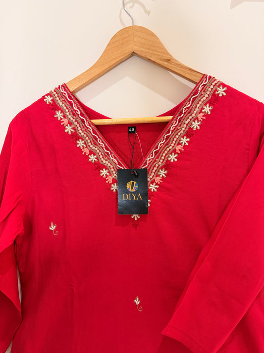 Elegant Red Hand Work Embroidered Women’s Kurta Set (3-Piece)
