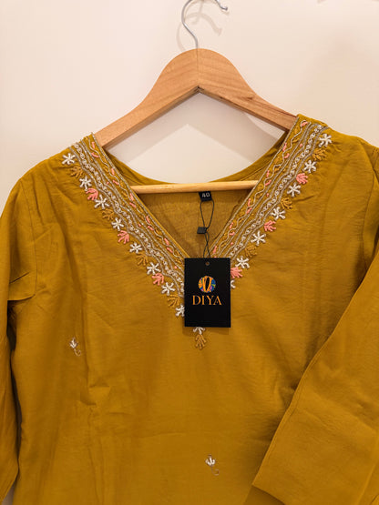 Mustard Yellow Embroidered Women’s Kurta Set (3-Piece)