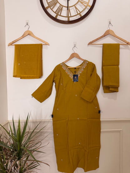 Mustard Yellow Embroidered Women’s Kurta Set (3-Piece)
