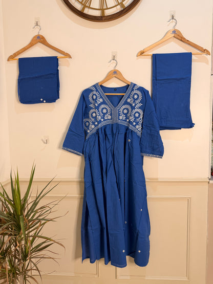 Elegant Indigo Blue Embroidered Women’s Suit Set (3-Piece)