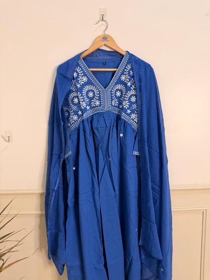 Elegant Indigo Blue Embroidered Women’s Suit Set (3-Piece)