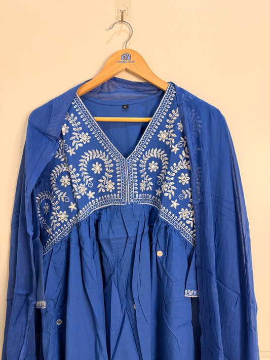 Elegant Indigo Blue Embroidered Women’s Suit Set (3-Piece)