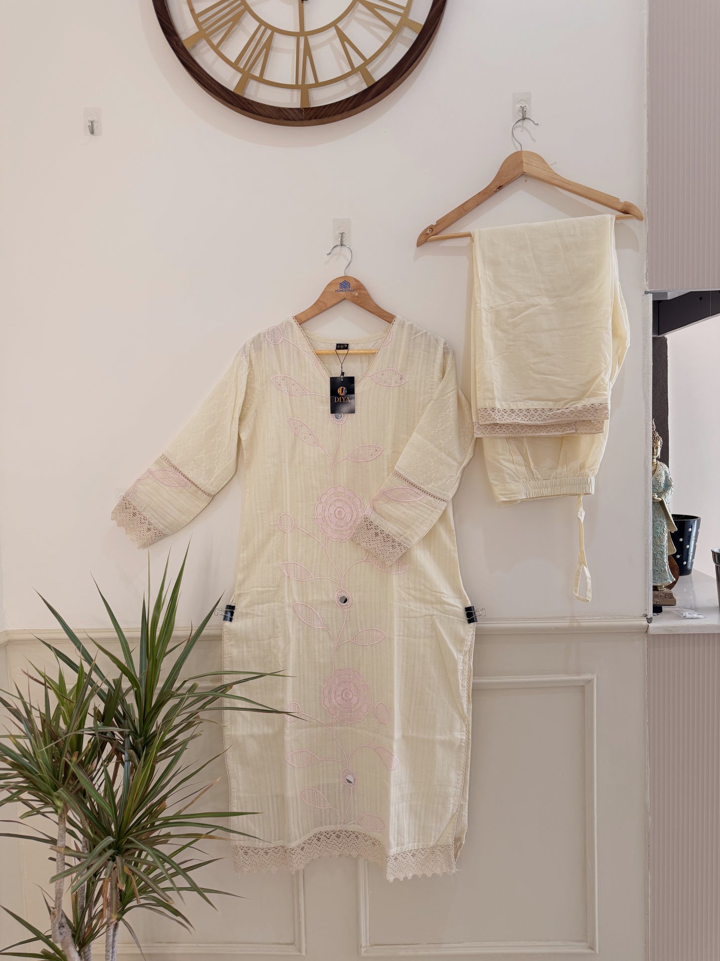 Elegant Ivory Embroidered(Baby Pink) Women’s Kurta Set (2-Piece)
