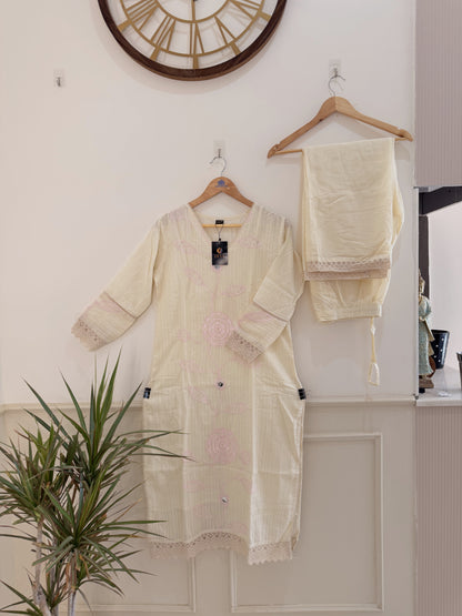 Elegant Ivory Embroidered(Baby Pink) Women’s Kurta Set (2-Piece)