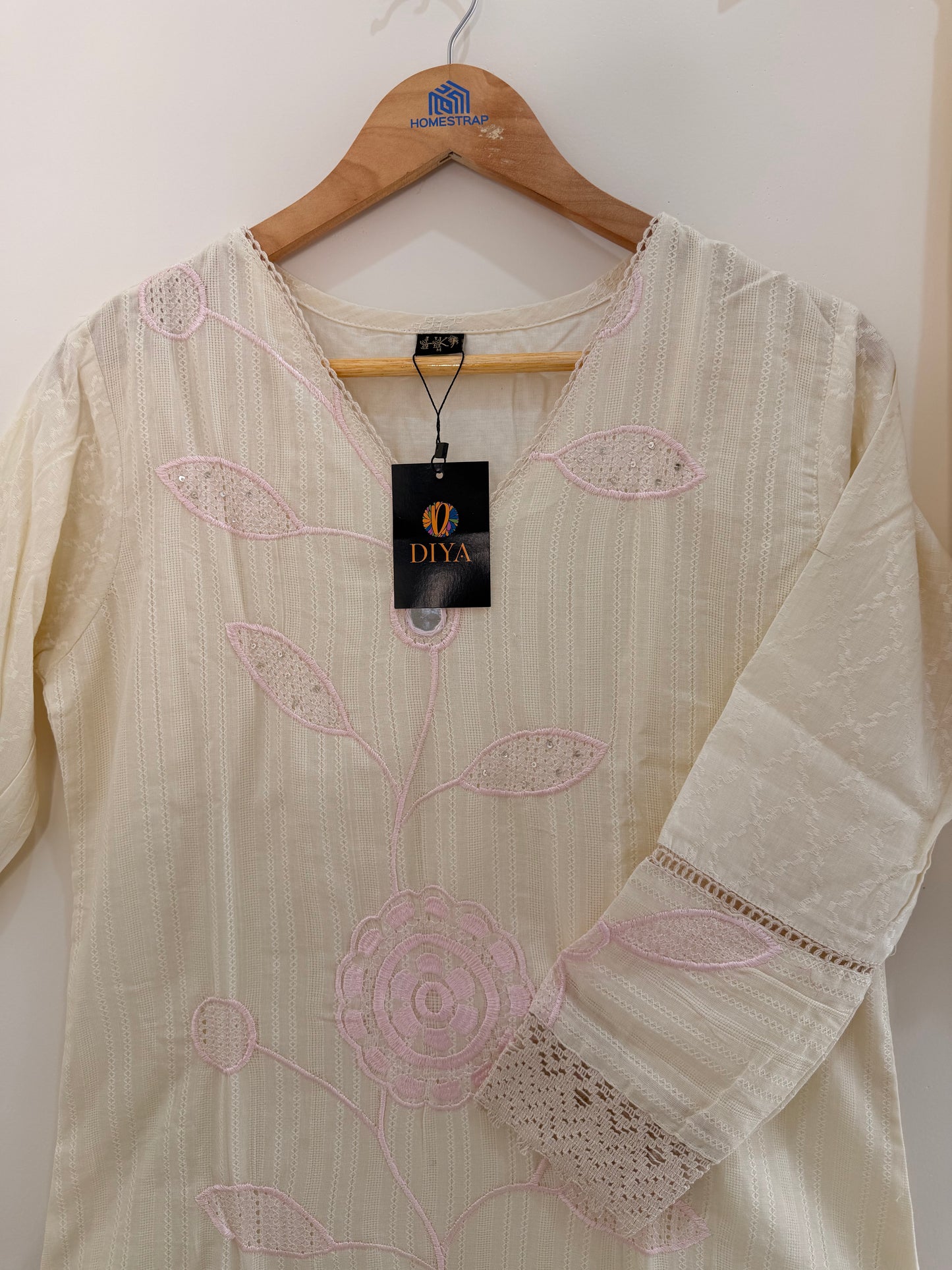 Elegant Ivory Embroidered(Baby Pink) Women’s Kurta Set (2-Piece)