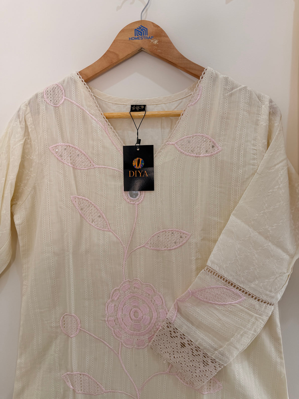 Elegant Ivory Embroidered(Baby Pink) Women’s Kurta Set (2-Piece)
