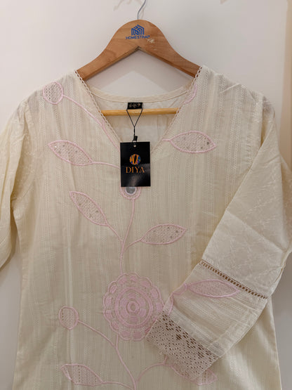 Elegant Ivory Embroidered(Baby Pink) Women’s Kurta Set (2-Piece)