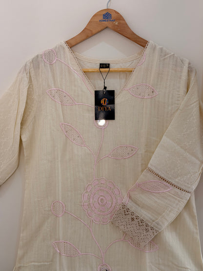 Elegant Ivory Embroidered(Baby Pink) Women’s Kurta Set (2-Piece)