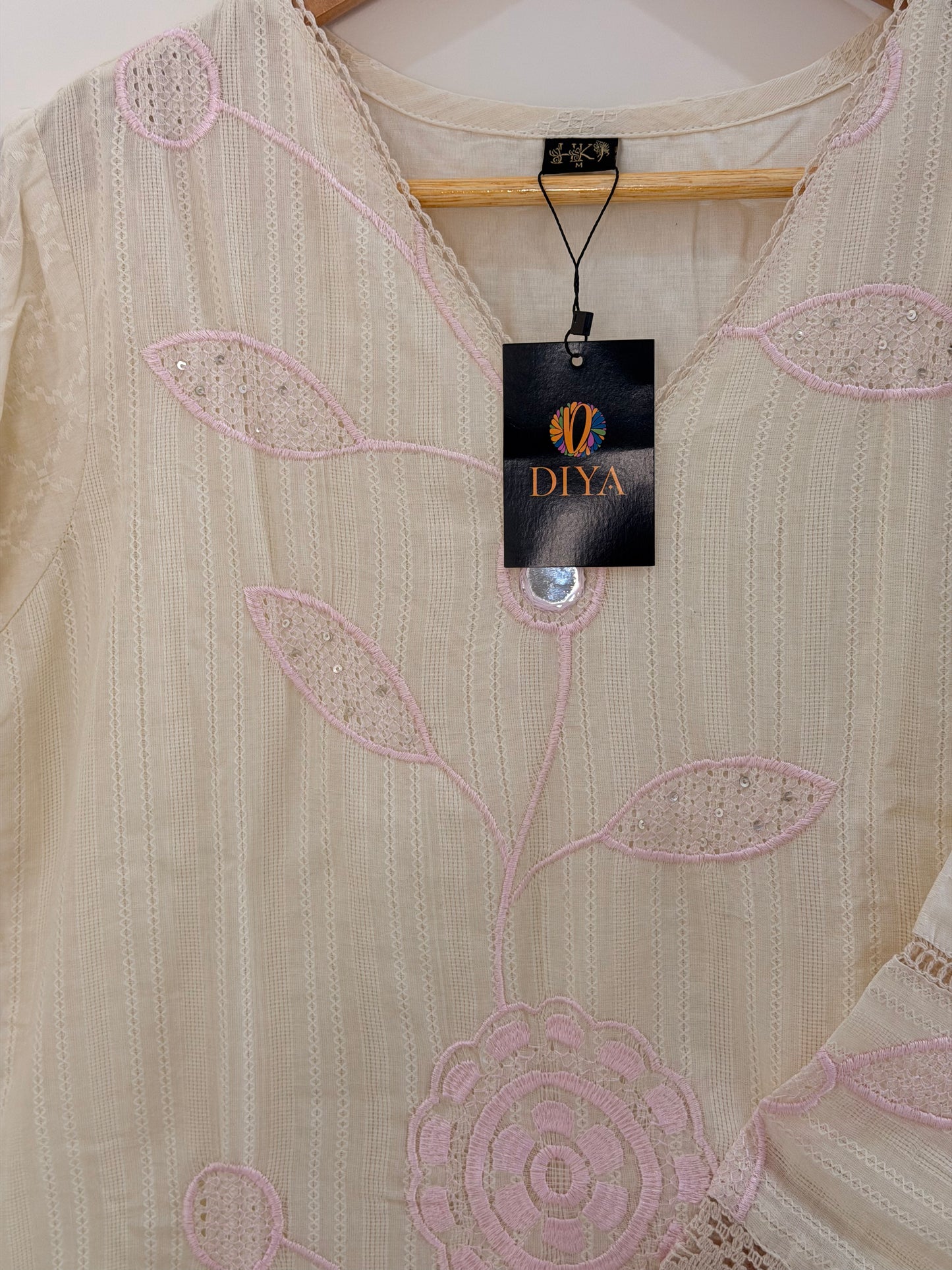 Elegant Ivory Embroidered(Baby Pink) Women’s Kurta Set (2-Piece)