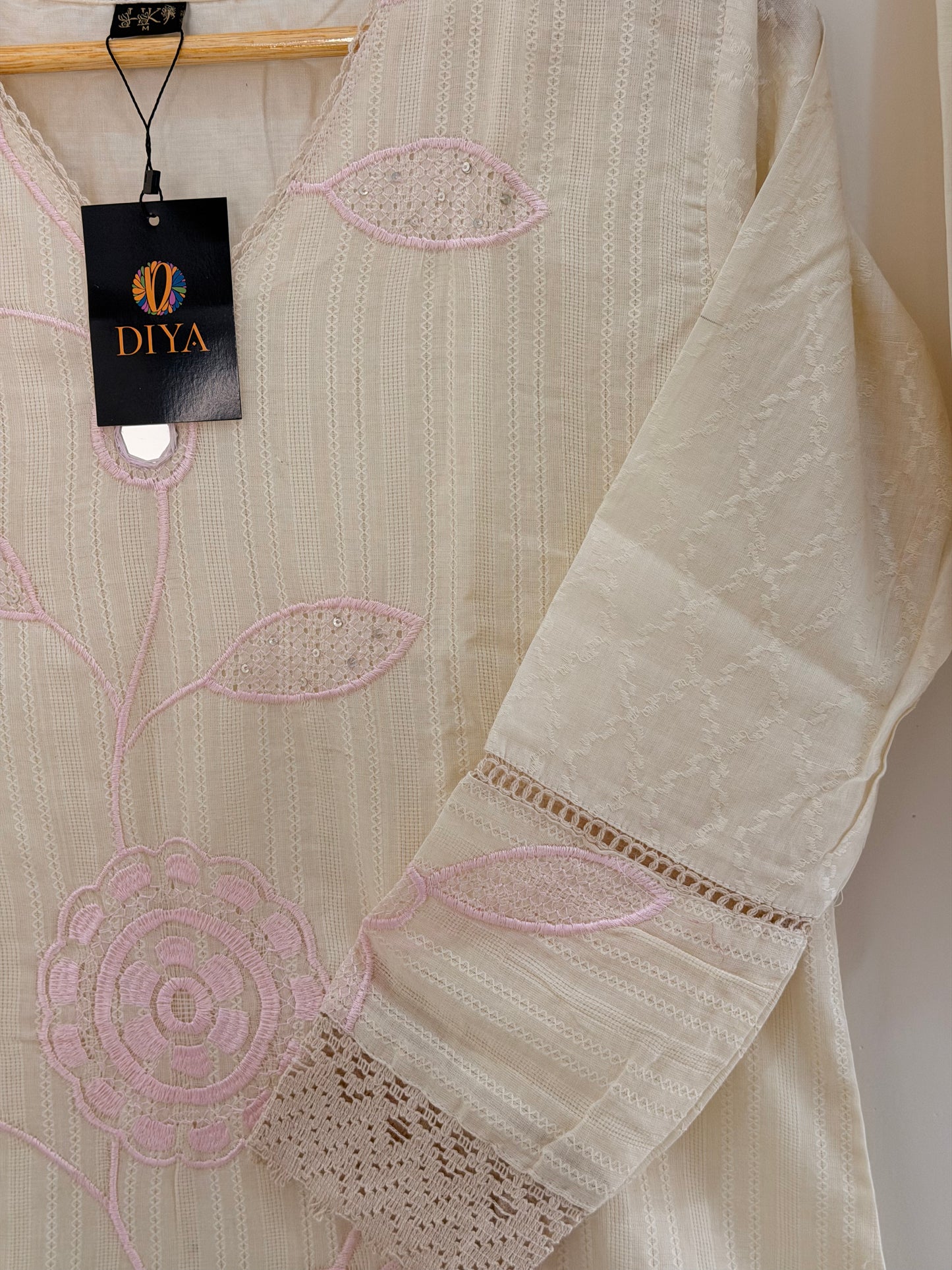 Elegant Ivory Embroidered(Baby Pink) Women’s Kurta Set (2-Piece)