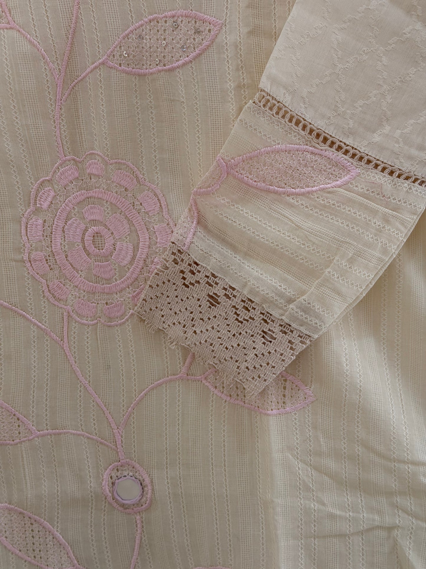 Elegant Ivory Embroidered(Baby Pink) Women’s Kurta Set (2-Piece)