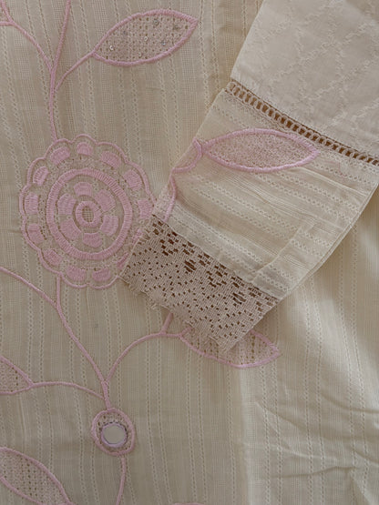 Elegant Ivory Embroidered(Baby Pink) Women’s Kurta Set (2-Piece)