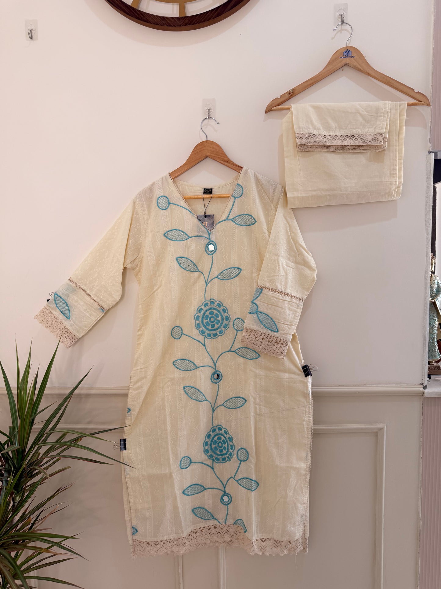 Elegant Off-White & Aqua Embroidered Women’s Kurta Set (2-Piece)