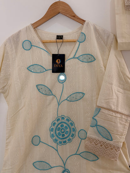 Elegant Off-White & Aqua Embroidered Women’s Kurta Set (2-Piece)