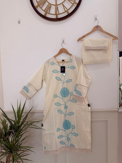 Elegant Off-White & Aqua Embroidered Women’s Kurta Set (2-Piece)