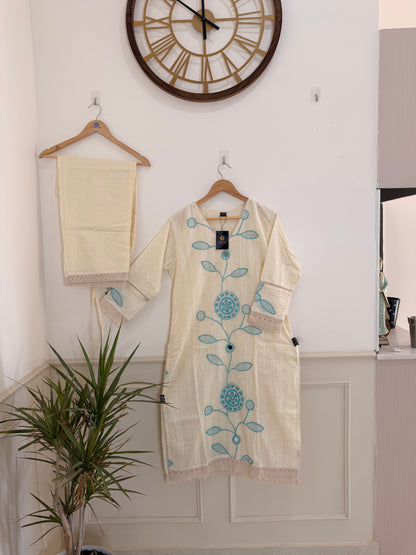 Elegant Off-White & Aqua Embroidered Women’s Kurta Set (2-Piece)