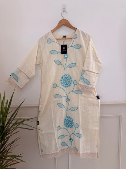 Elegant Off-White & Aqua Embroidered Women’s Kurta Set (2-Piece)