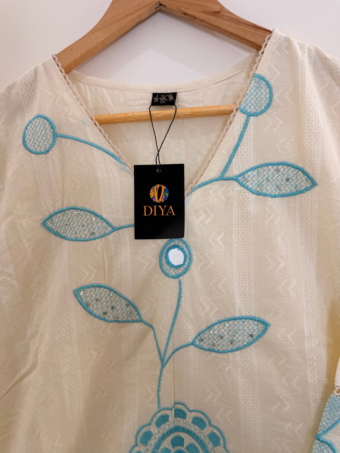 Elegant Off-White & Aqua Embroidered Women’s Kurta Set (2-Piece)