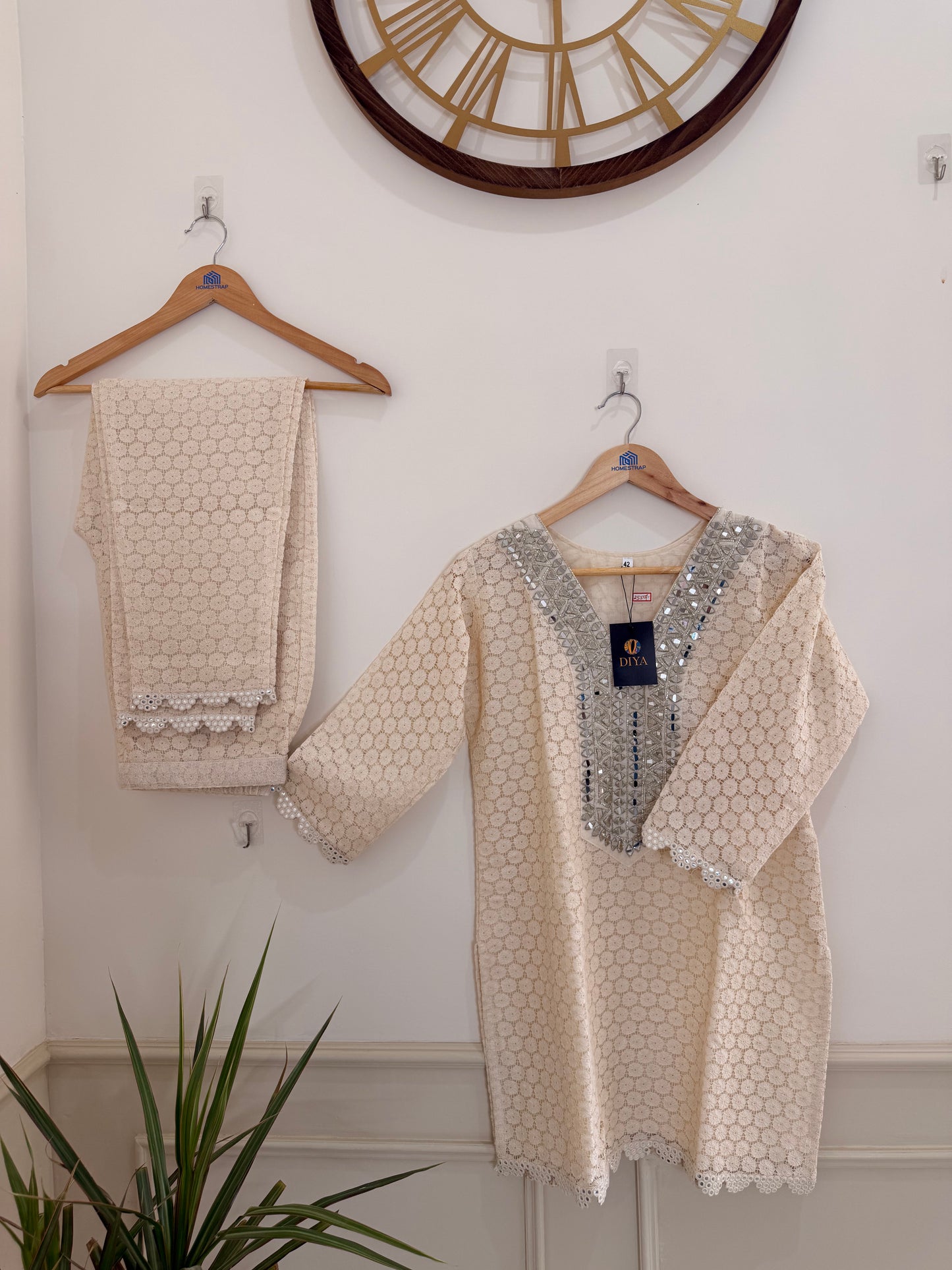Elegant Ivory Textured and Neck Embellished Women’s Co-Ord Set (2-Piece)