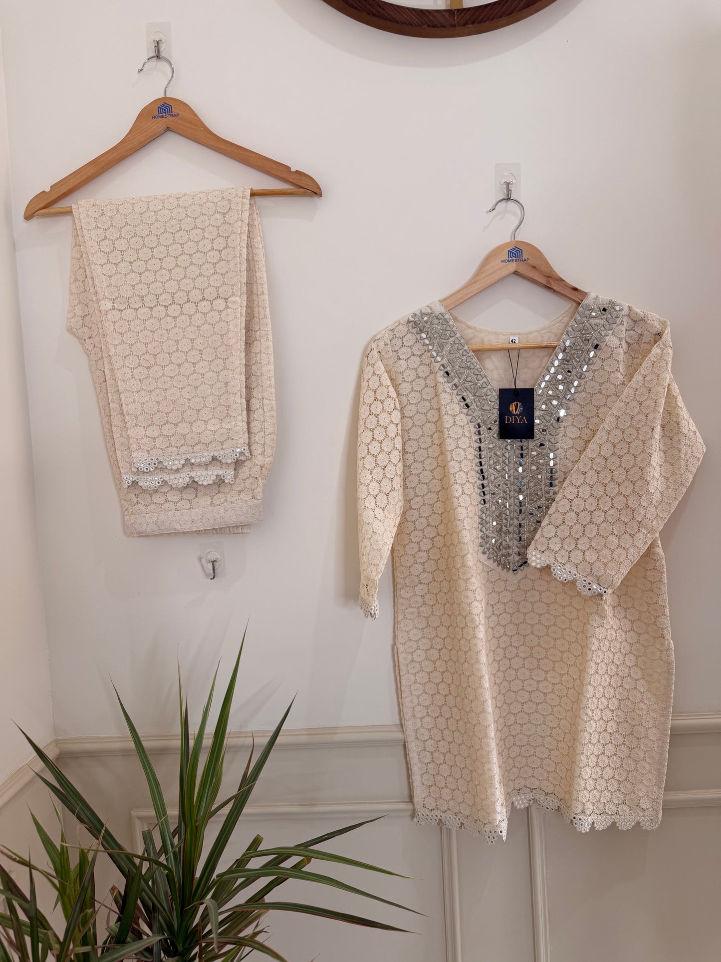 Elegant Ivory Textured and Neck Embellished Women’s Co-Ord Set (2-Piece)