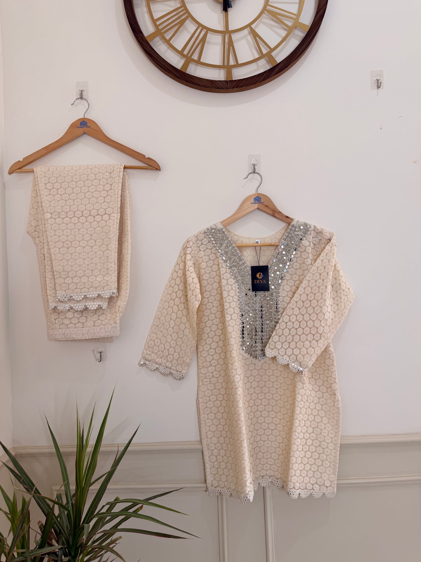 Elegant Ivory Textured and Neck Embellished Women’s Co-Ord Set (2-Piece)