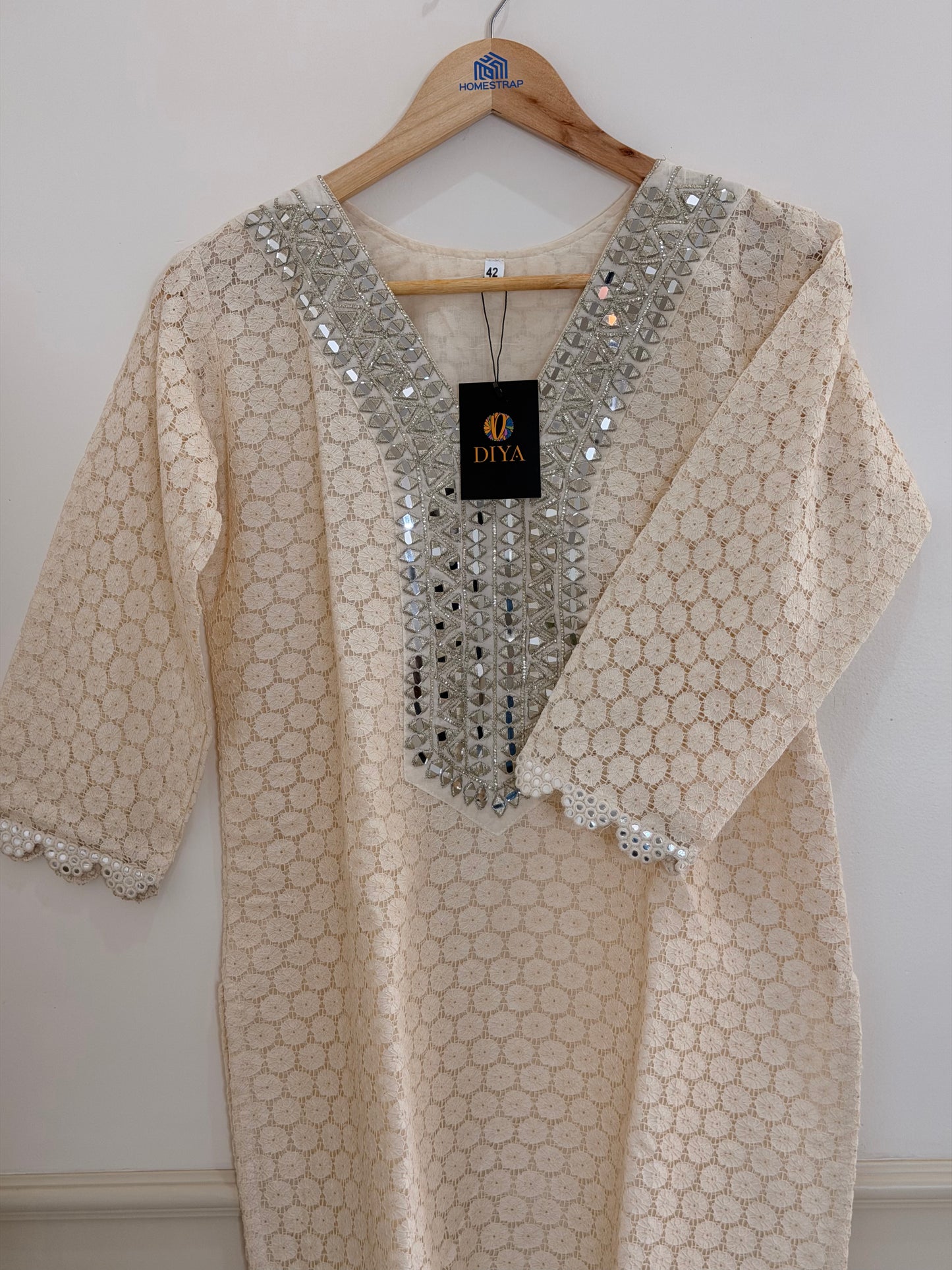 Elegant Ivory Textured and Neck Embellished Women’s Co-Ord Set (2-Piece)