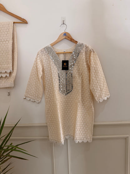 Elegant Ivory Textured and Neck Embellished Women’s Co-Ord Set (2-Piece)