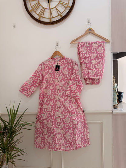 Soft Pink Floral Women’s Kurta Set (2-Piece)