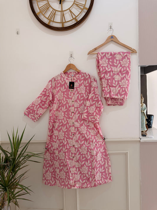 Soft Pink Floral Women’s Kurta Set (2-Piece)