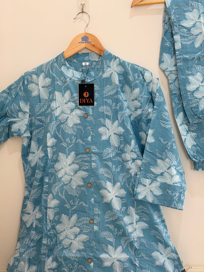 Elegant Aqua Blue Floral Cotton Kurta Set (2-Piece)