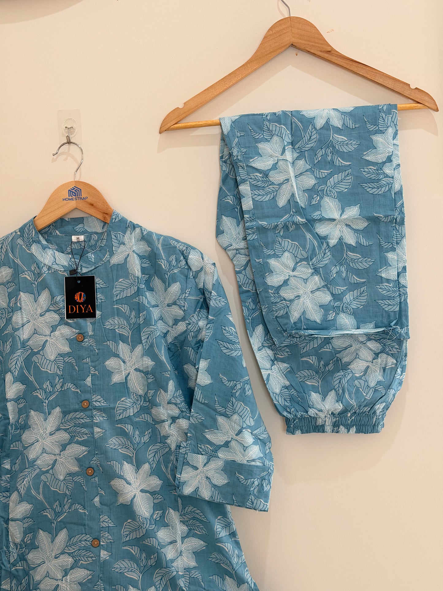 Elegant Aqua Blue Floral Cotton Kurta Set (2-Piece)