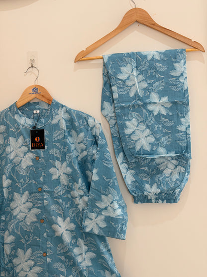 Elegant Aqua Blue Floral Cotton Kurta Set (2-Piece)